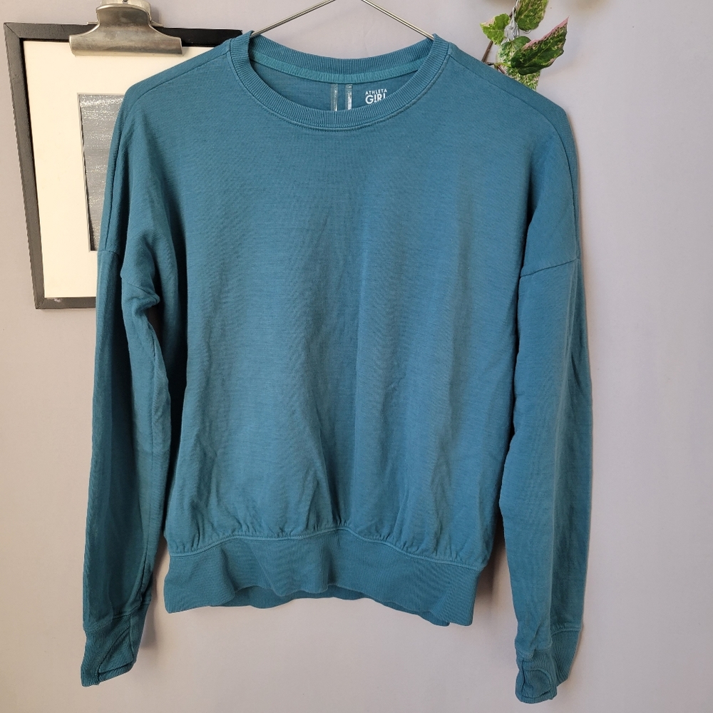 Athleta Girl Beachy Scrunch Pullover Crew Neck‎ Sweatshirt Teal Blue XL 14 - Picture 2 of 13